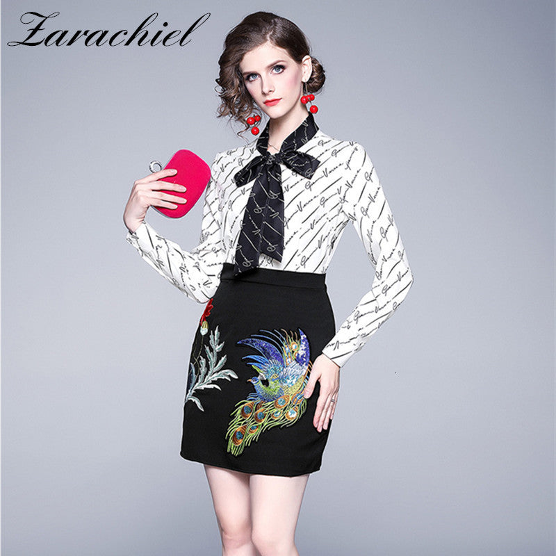 dresses Women Elegant Flower Peacock Embroidery Letter Printed Bow tie Neck Long Sleeve Office Lady Mini es Vestidos