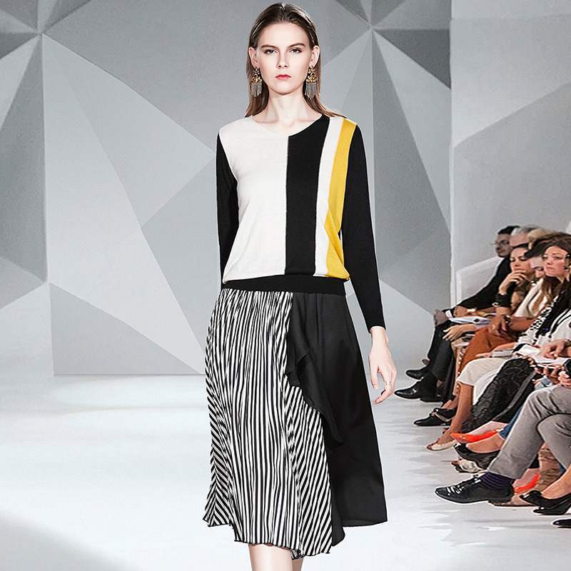 skirts Women&#039;s Set Spring Autumn Office Lady Long Sleeve V-Neck Loose Knitted Sweater + Patchwork Ruffles Striped Midi Skirt Suit