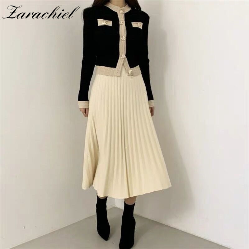 skirts Chic Office Ladies Single Breasted Pearl Buttons Cardigan Sweater+Pleated Long Skirt Suit Autumn Winter Knitted 2 Piece Set
