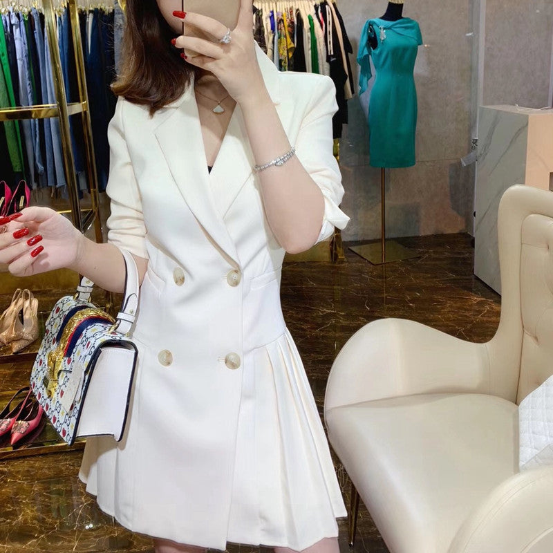 dresses Spring Autumn Double-Breasted Women Blazer Office Ladies Notched Long Sleeve Pleated Casual Slim Suit Female White