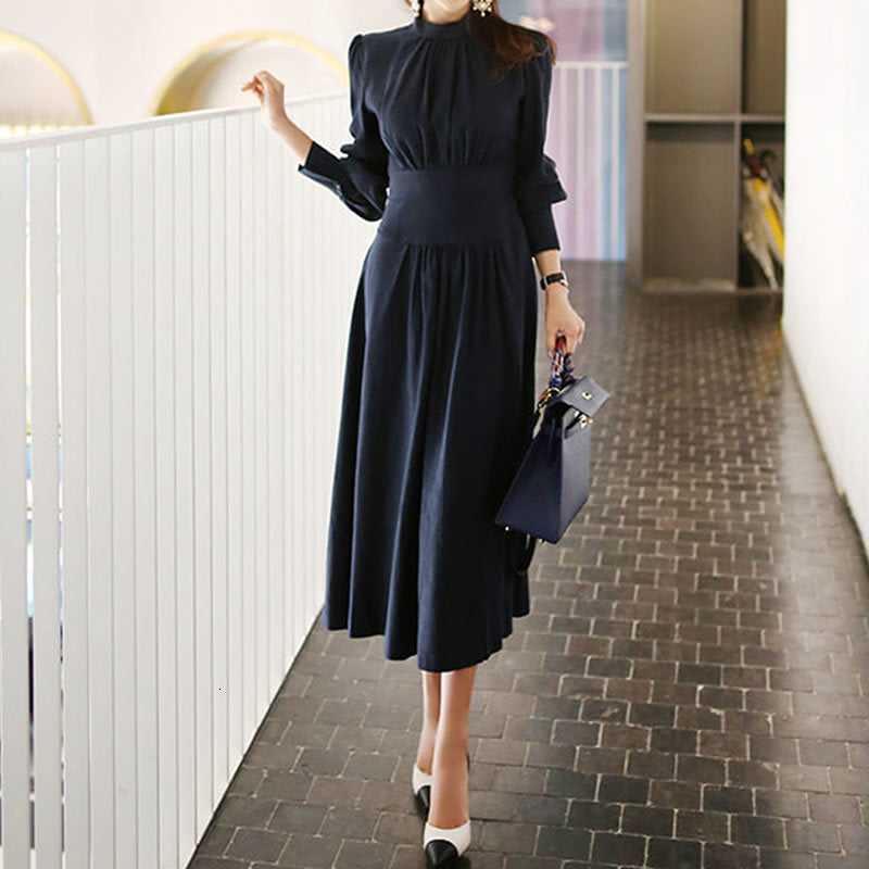 dresses Autumn Korean Office Lady Female Vintage Elegant OL Work Wear Stand Collar Long Sleeve Navy Blue Midi