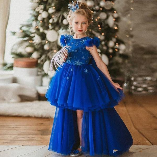 2021 High Low Flower Girl Dresses Jewel Neck Sequined Beaded Pageant Sleeveless Ruffle Tiered Skirts Custom Made Birthday Gowns