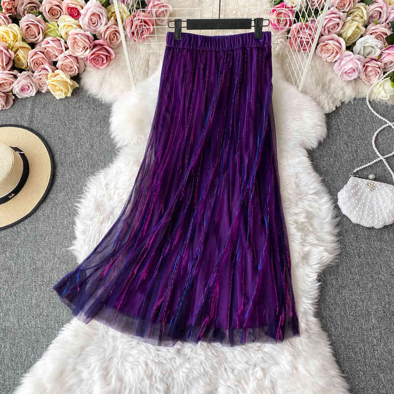 skirts Autumn Purple Mesh Skirt For Women High Waist Bright Silk Bling Pleated Skirts Female New Fashion Faldas Saia Fall