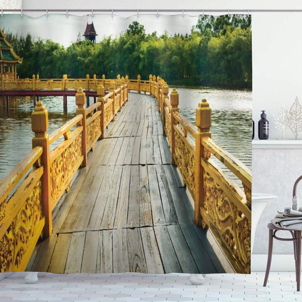 Shower Curtain Set with 12 Hooks,Countryside Bridge Timber Warm Tone Tourist Attractions River Traveling Waterscape,Machine