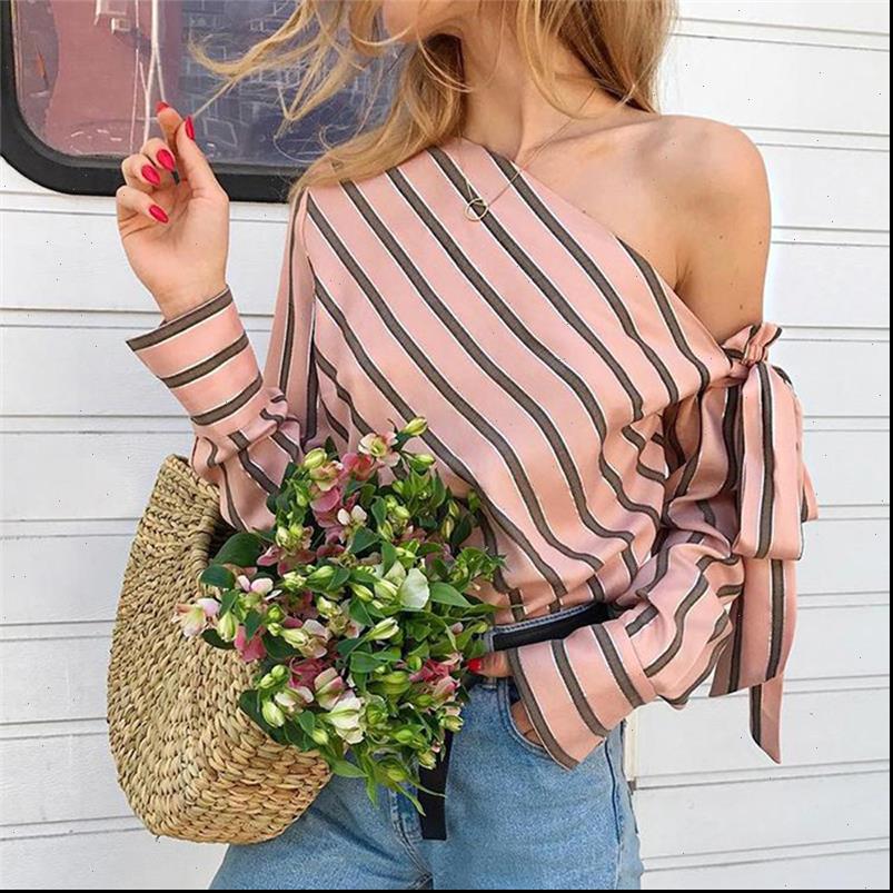 Women Womens Shirt Summer Striped Lace Up Loose Blouse Fashion Lady Off Shoulder Shirts Female Elegant Blouses Long Sleeve Chic