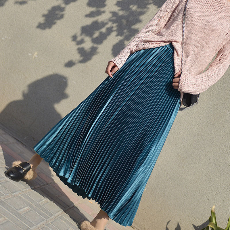 skirts Autumn Metallic A-line Maxi Pleated Winter Elegant Drape Shine Satin Ankle Long Skirts