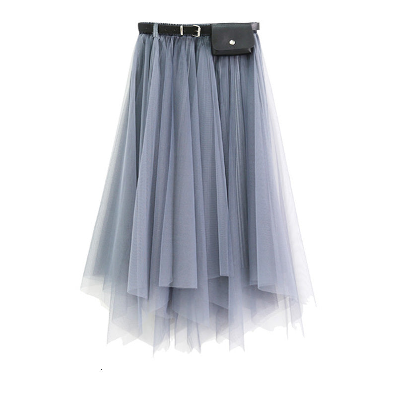 skirts Winter Irregular Rib Veet Patchwork A-line Maxi Long Mesh Skirts with Fanny Bag