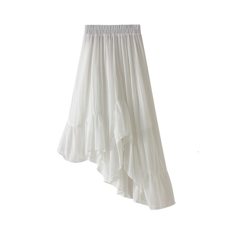 skirts Summer Temperament Irregular Ruffled Long Skirt Solid Black-White A-line Pleated High Low Mid-calf Chiffon Skirts