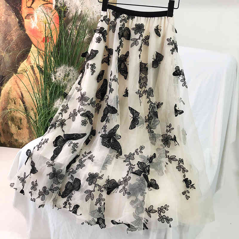 skirts Summer Fairy 3D Butterfly Embroidery A-line Maxi Gauze Embroidered Butterflies Sweet Flared Ankle Long Tulle Skirts