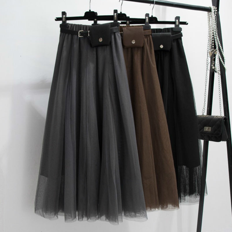 skirts Stylish Korean A-line Mesh With Belt Faux Leather Fanny Bag Gray Pleated Maxi Long Tulle Skirts