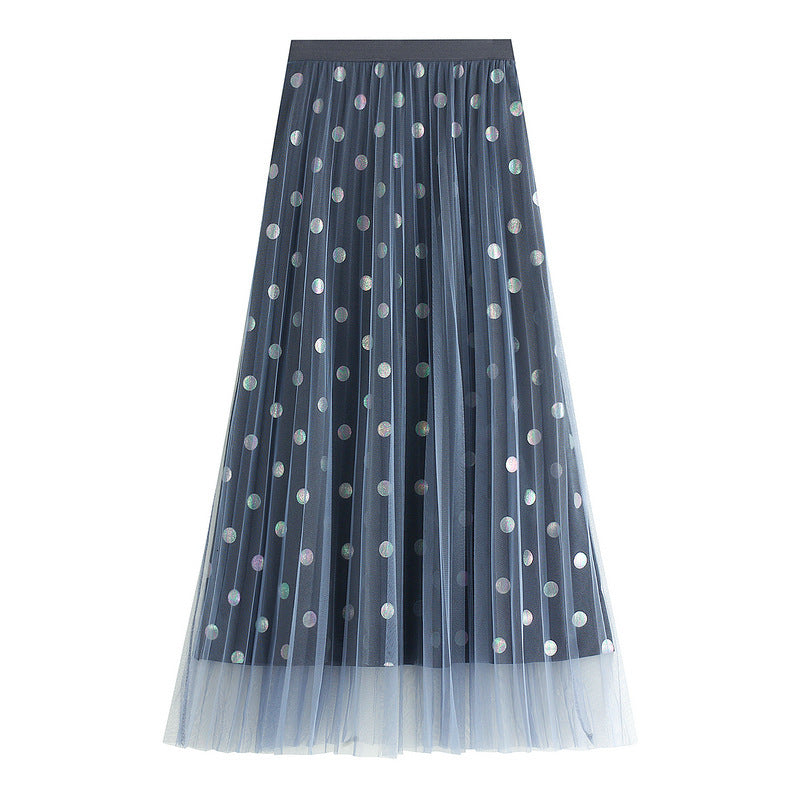 skirts Autumn Vintage Polka Dotted Veet Layered Mesh Pleuche A-line Pleated Ankle Long Skirts