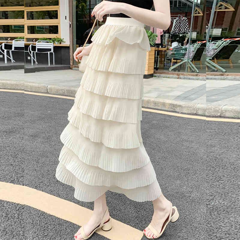 skirts Summer Cakee Sweet 8-Layer Pleated Tiered Maxi Long Chiffon White Black Ivory Cake Skirts