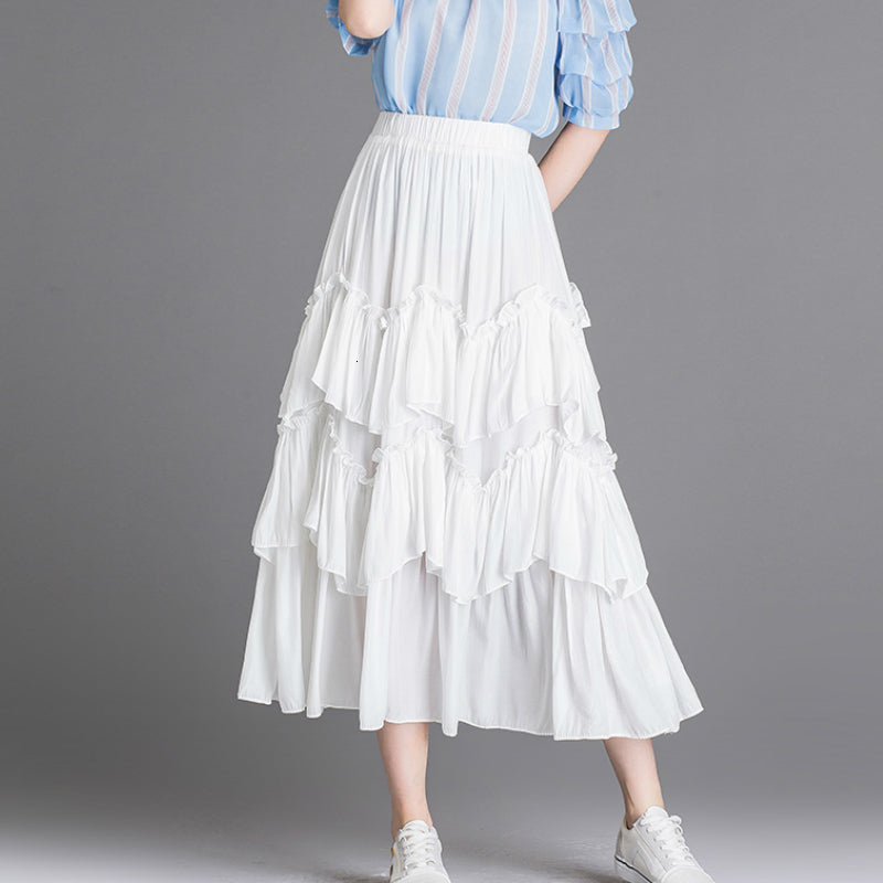 skirts Faldas Mujer Moda Spring Summer Sweet Tiered Maxi Satin Ruffles Cakee Layered A-line Long Skirts Blue White