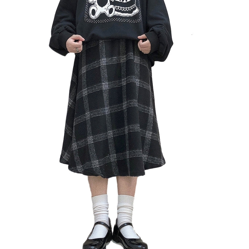Winter Vintage High Waist Plaid Women Harajuku Cosplay Wool Black Long Skirts Korean Fashion Style School Girls Midi Skirt