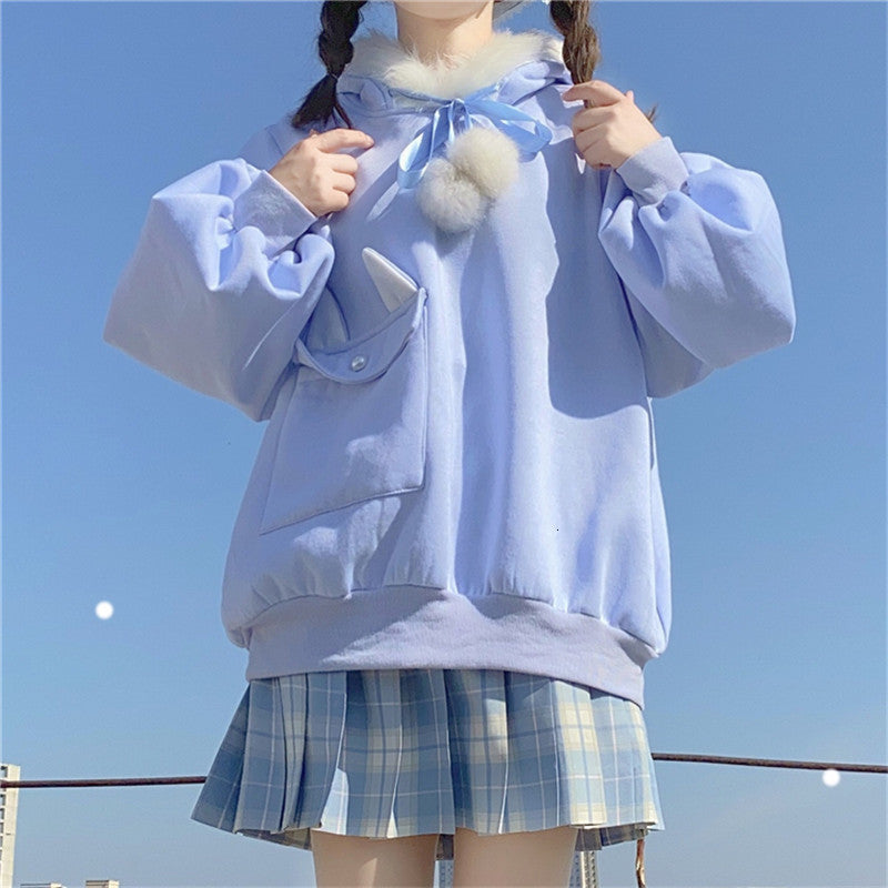 Kawaii ffy Bunny Ear Pink Hoodie Women Lolita Teen Soft Girls Cute Sweatshirt Sweet Aesthetic Oversized Winter Blue Pullover