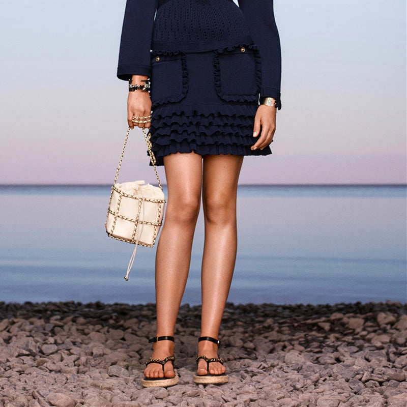 skirts Runway Women HIgh Waist Ruffles Knitted Mini Brand Designer White-Black A line Sweater Skirt