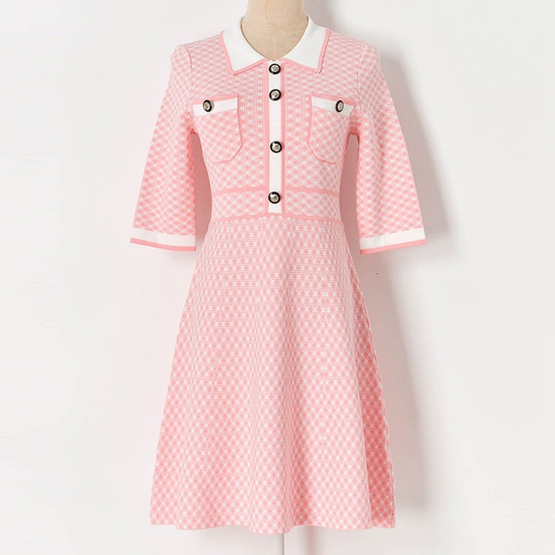 dresses 2021 fashion women Plaid Knitting Vintage Single Breasted Short Sleeve Fit Flare Knee-length PInk vestidos de mujer