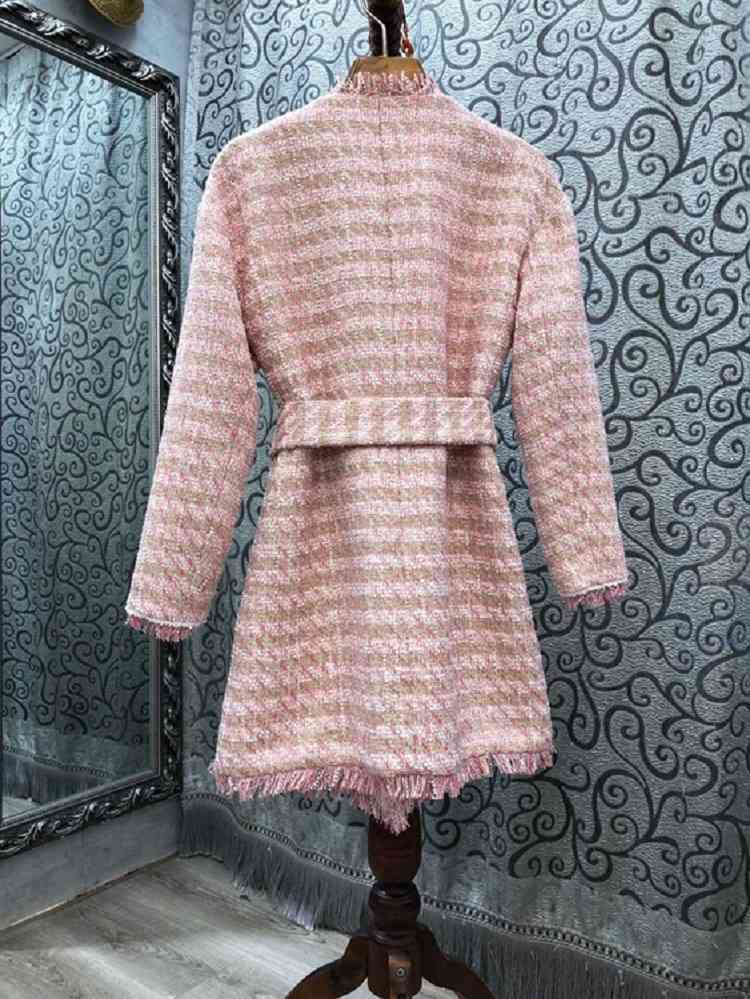 coats Tassel Wool Outerwear Coats Autumn Winter High Quality Designer Women Vintage Prints Adjustable Belt Long Pink Coat