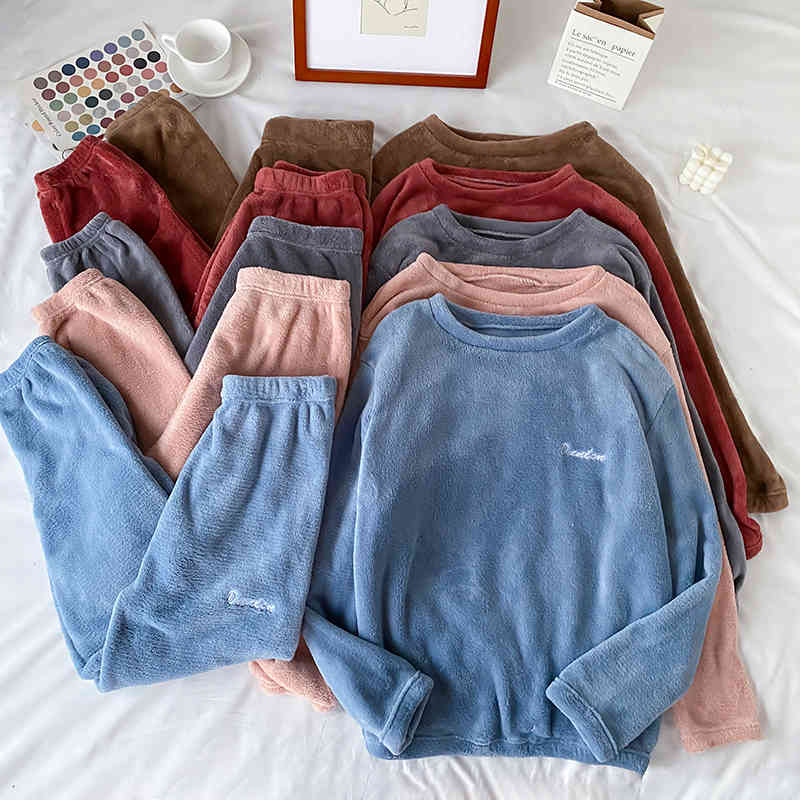 pants 2 Pieces Set Thick Coral Fleece Warm Suit Two-piece Home Pajamas Winter Women Sleepwear Long Sleeve Nightgown for Ladies