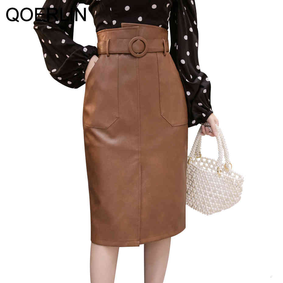 suits PU Plus Size Womens Chic High Waist Split Skirts Female Back Zipper Belt Black Faux Leather Saia Pocket