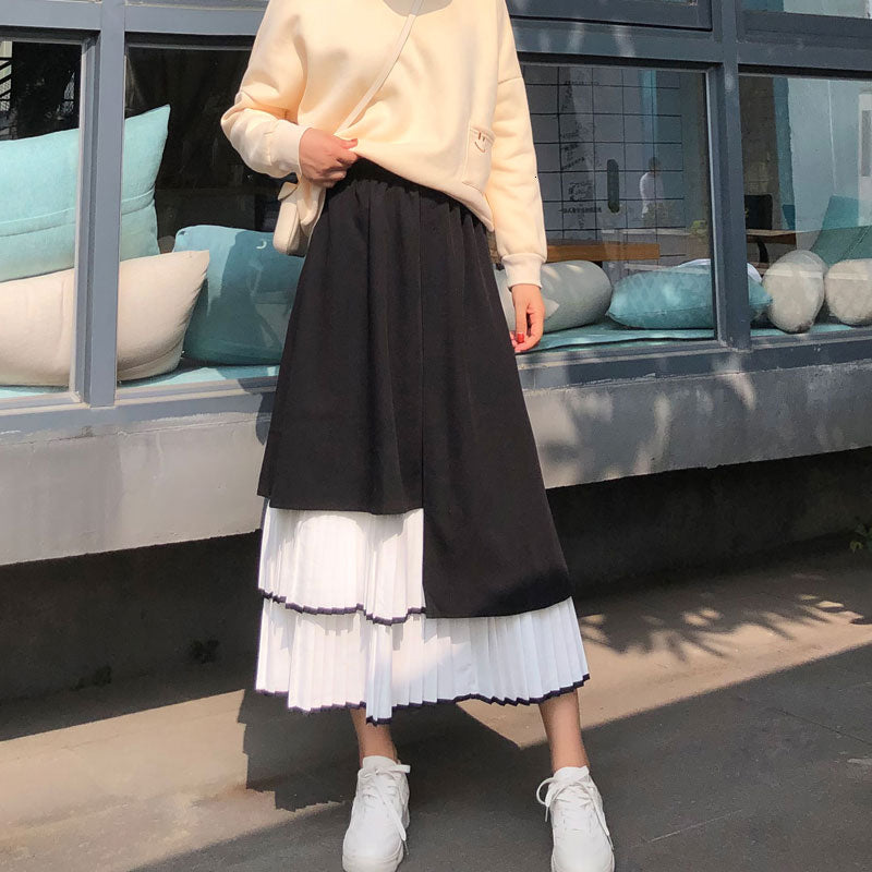 suits End Summer High Irregular Pleated Skirts Women Stitching Long Maxi Asymmetric A-Line Elastic Waist Skirt