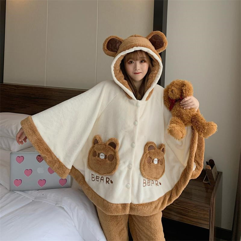 Winter Kawaii Pajamas Women Set Cute Cat Ear Warm Sleepwear Cloak Hoodie Blanket Girls Plush Sleep Tops Pants Home Loungewear