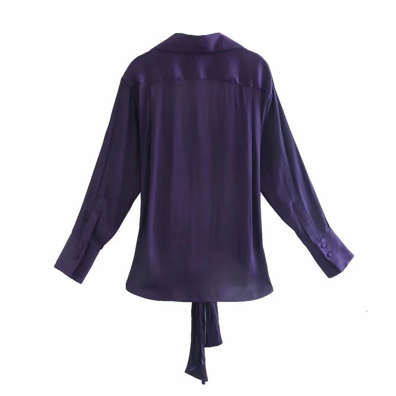 Fashion V Neck Long Sleeve Women blouses Shirts Autumn Fall women&#039;s Pupple tie-in shirt