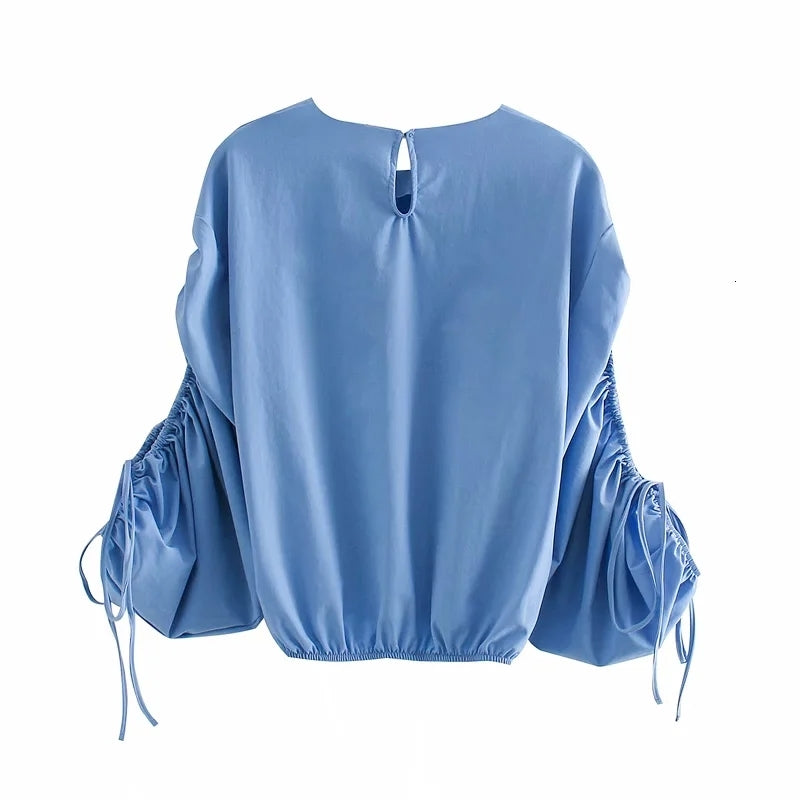 Blue Long Sleeve Crew Neck Women Blouses Shirts Summer designer Clothing The women&#039;s fashion pleated shirt