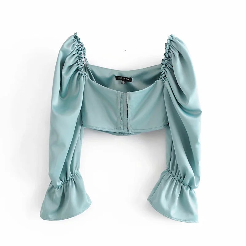 Square Women&#039;s Blouses Shirts Summer designer Top Long Green Clothes Peng Sleeve corset short style jacket