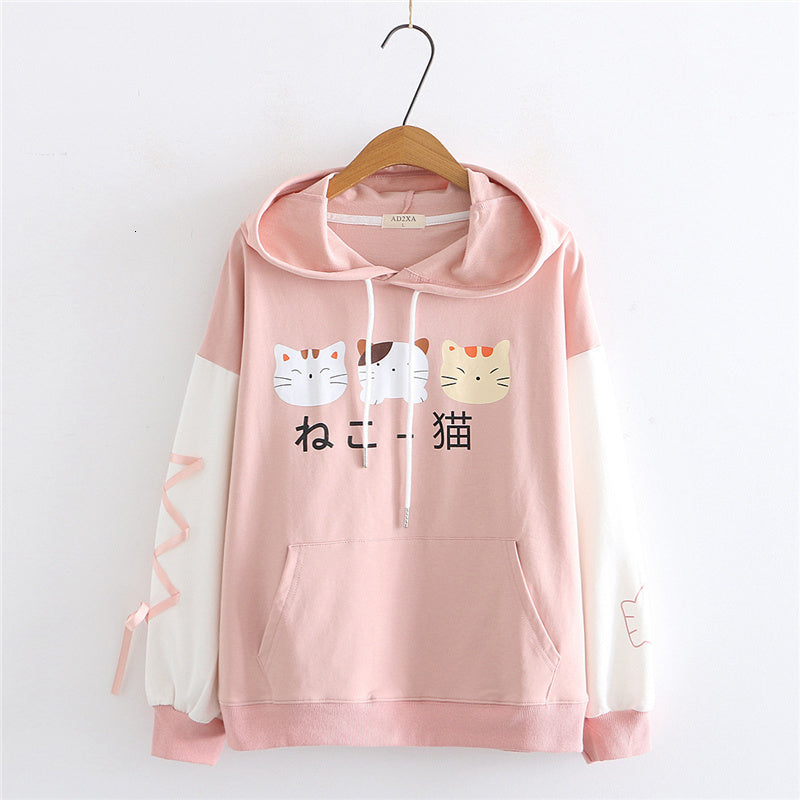 Lolita Harajuku Kawaii Hoodie with Ear Women Print Graphic Japanese Clothes Cute Cartoon Cat Pink Sweatshirt Teen Girl Pullover