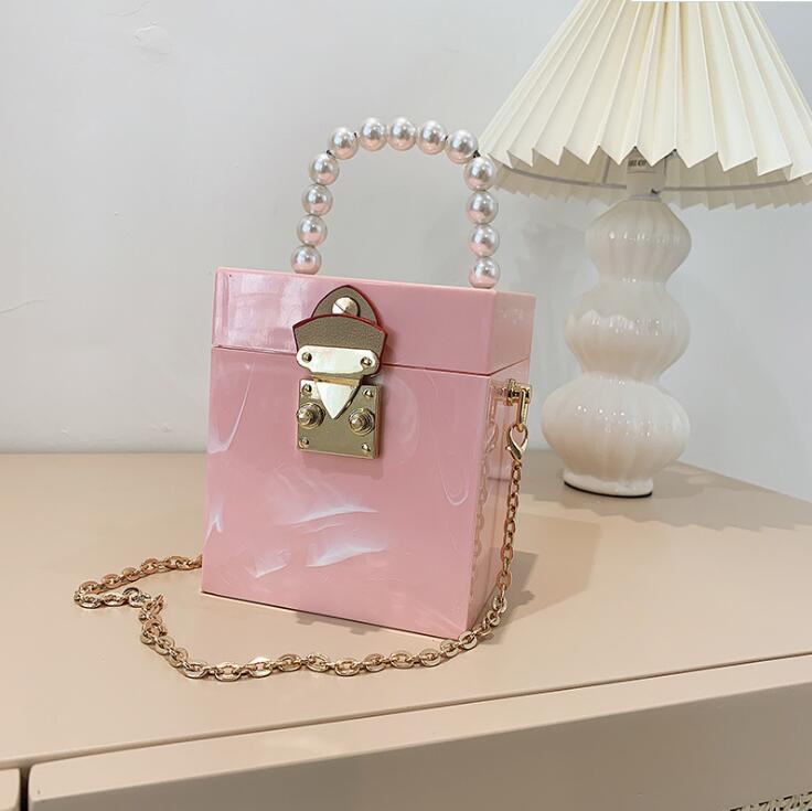 wholesale women handbag small fresh solid color hard box chain bag sweet candy-colored Acrylic square handbags street trend Marble Beads fashion sho