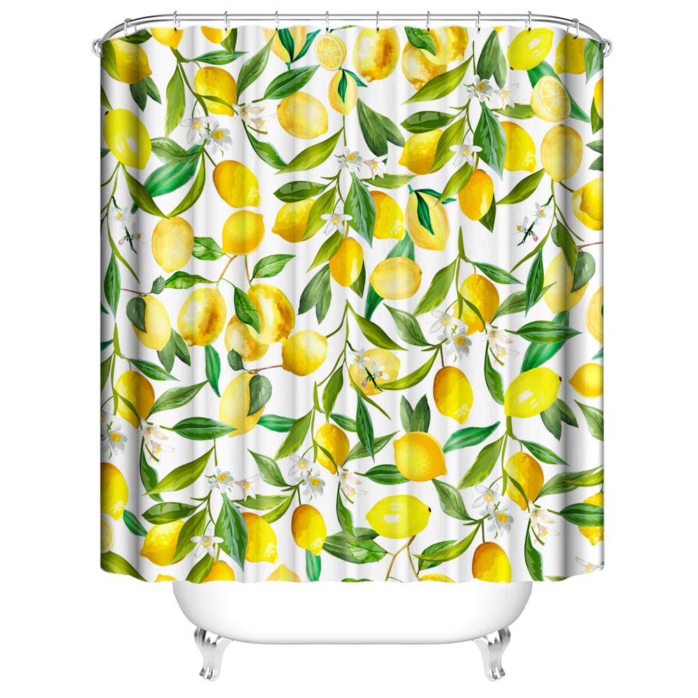 Lemon Shower Curtains, Allover Fruits Shower Curtain Green Leaves Plant Design Waterproof Fabric Bathroom Shower Curtain Set