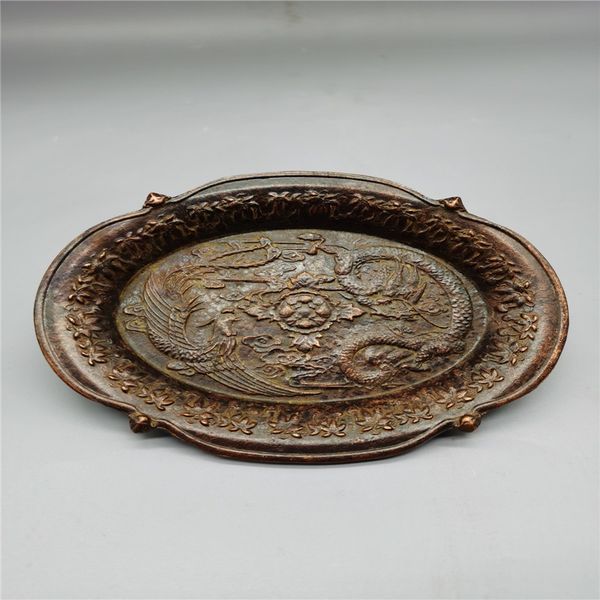 Chinese old Copper statue of writing-brush washer Chinese Gilded Dragon and Phoenix pattern plates