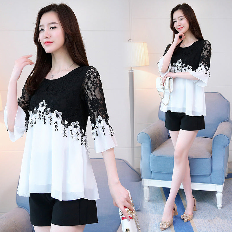 Plus size woman blouses Summer New Chiffon Blouse Cotton Edge Lace Bell sleeve Women Shirt tops