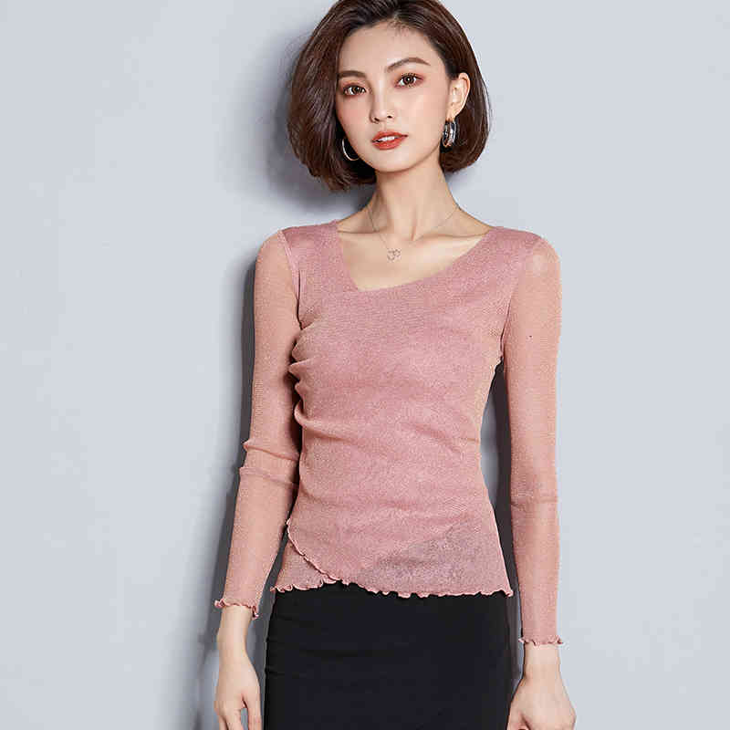 Office Lady Yarn T-shirts Women Long Sleeve Gold and Silver Gauze Mesh T-shirt Female V-Neck Tee Tops