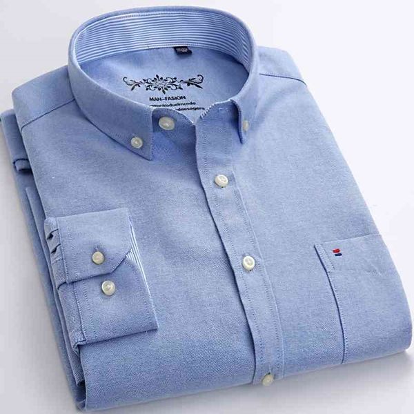 Men&#039;s Long Sleeve Oxford Plaid Striped Casual Shirt Front Patch Chest Pocket Regular-fit Button-down Collar Thick Work Shirts 210410