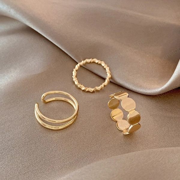 3PCS-Set Korea Punk Vintage Metal Chain Open Rings for Women Gold Silver Color Adjustable Wide Ring Set Party Jewelry Gifts