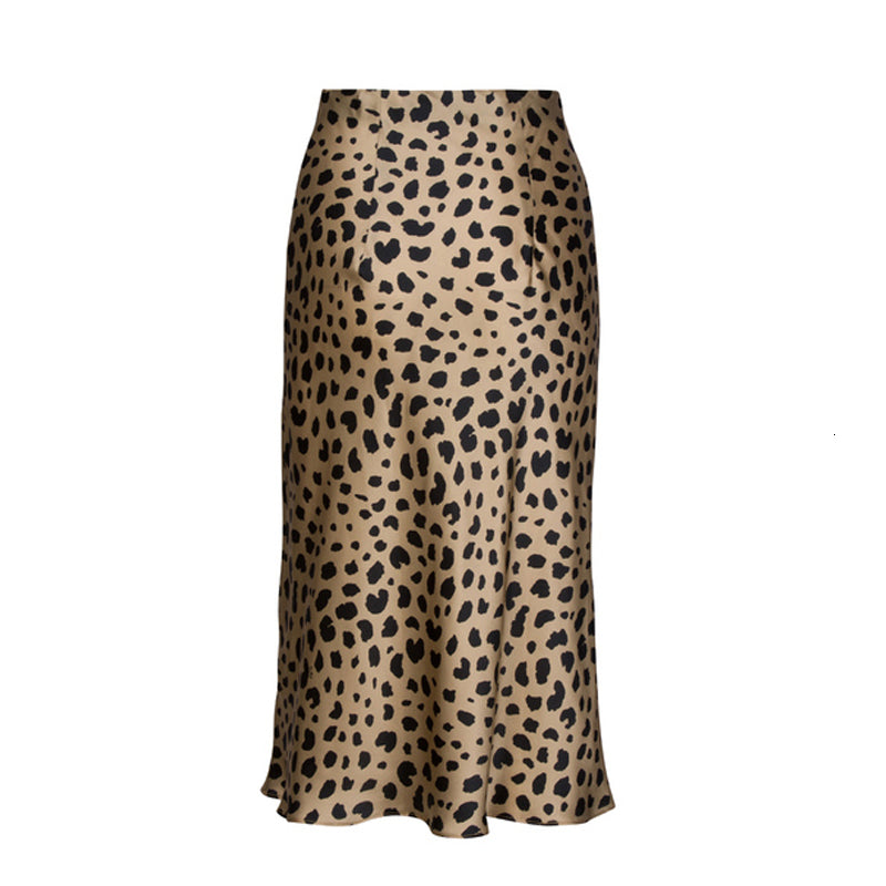 High Waist Leopard Midi Female Hidden Elasticized Waistband Silk Satin Skirts Slip Style Animal Print Skirt Women MX190731
