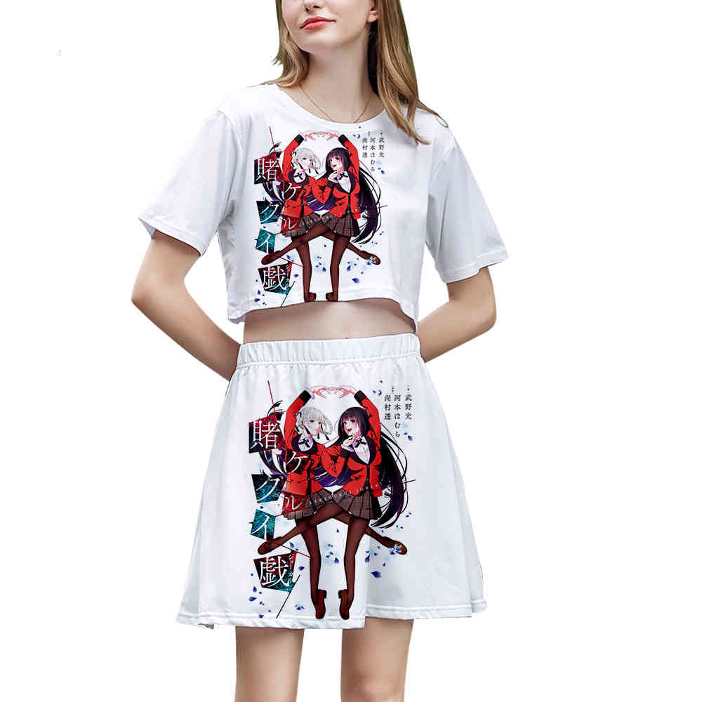 Two Piece Dress Kakegurui - Compulsive Gambler 3D Fashion Shorts Elastic Waist Women&#039;s Loose Soft Sets Casual Short Skirts + navel T-shirt 2