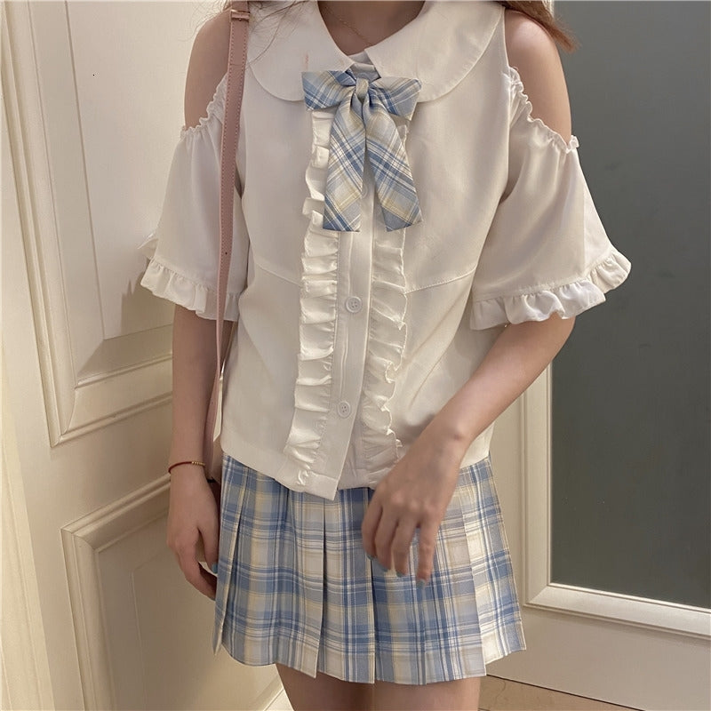 Korean Sweet Peter Pan Collar White Shirts Women Jk Uniform Cute Off Shoulder Vintage Ruffles Girls Blouses Summer Tops