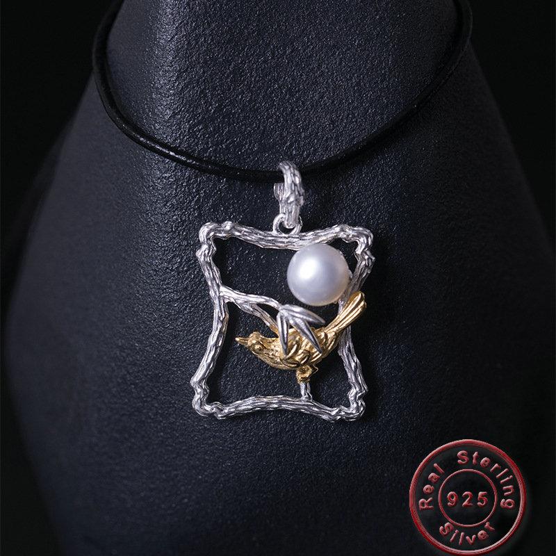 Pendant Necklaces Amxiu S925 Square Necklace Freshwater Pearl Jewelry Two Tones Color Bird For Men Women Rope Choker