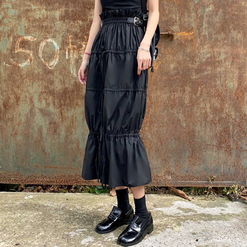 Skirts Black Gothic Midi Skirt Women Summer Harajuku Style Vintage Drawstring Ruched Belted Design High Waist TOPM