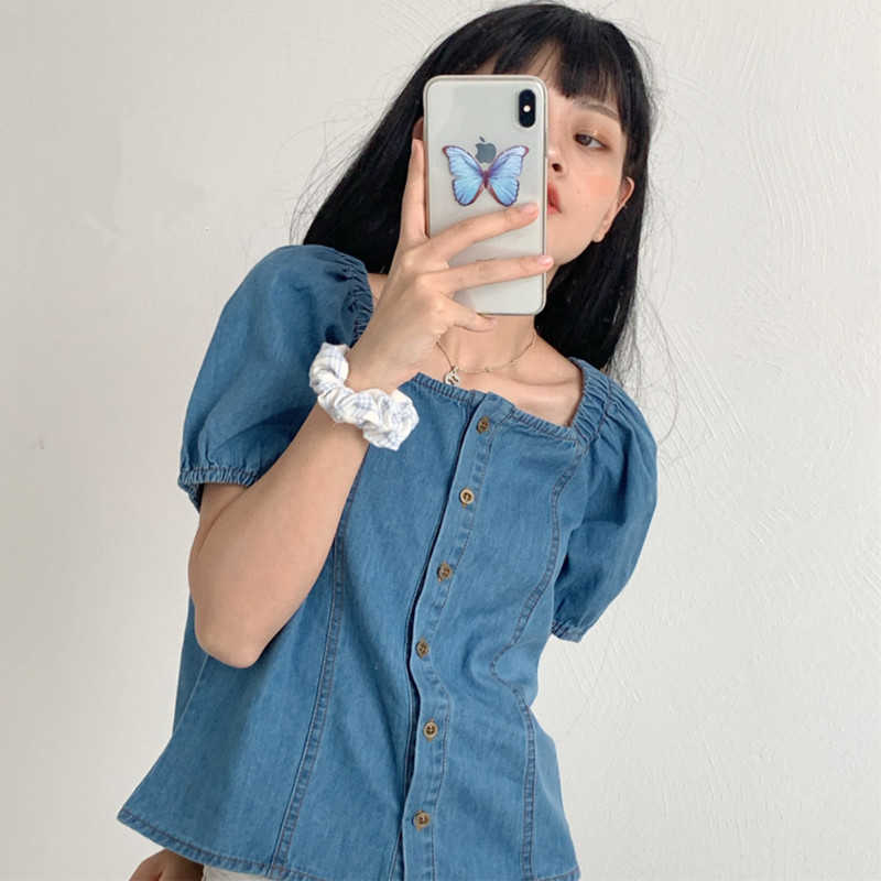 Women&#039;s Blouses & Shirts Vintage Square Neck Sleeve Top Ladies Summer Button Up Denim Women Jeans Crop Tops camisas mujer V8Q8