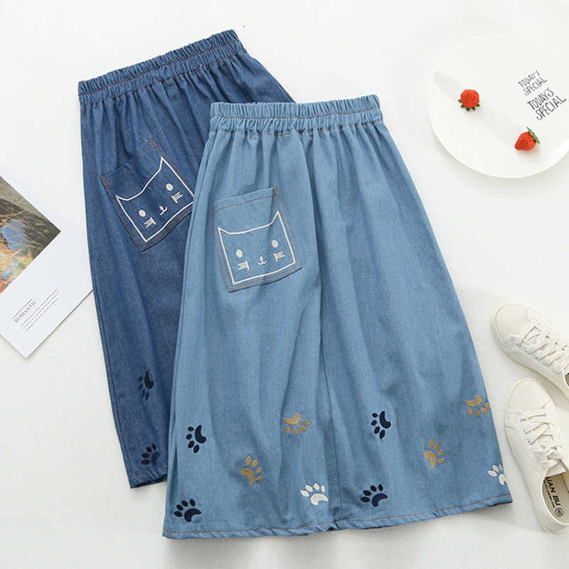 Skirts Teen-age Girls Students Women Summer Autumn Kawaii Cat Paw Embroidery High Waist A-Line Midi Long Denim Jeans H0AY
