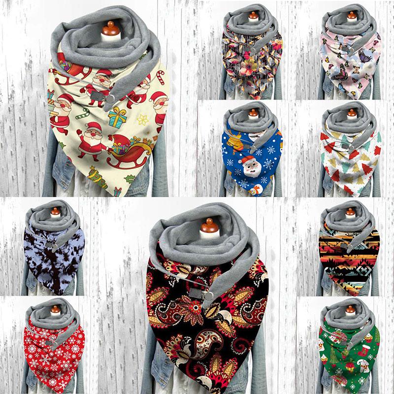Scarves Women Christmas Printing Scarf Multi-Purpose Shawl Triangle Wraps Plus Velvet Butterfly Pattern Neck Warm Button