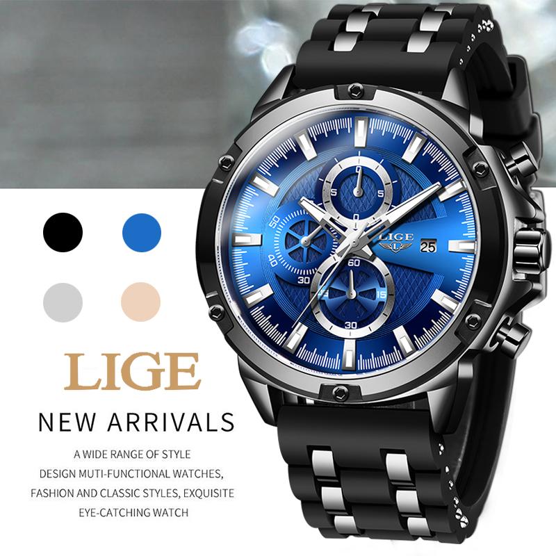 Wristwatches Top LIGE Chronograph Mens Watches Fashion Military Sports Waterproof Silicagel Wristwatch Relogio Masculino