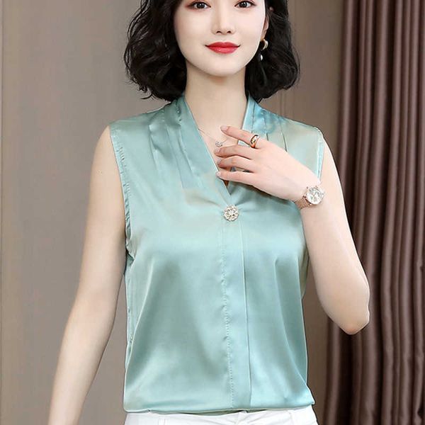 Korean Silk Blouses Women Summer Woman Satin Blouse Tops Elegant Sleeveless V-neck Top Blusas Mujer De Moda 210531