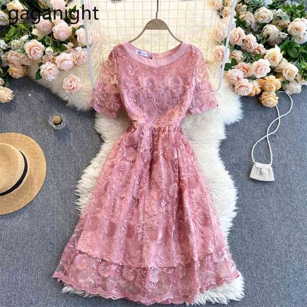 Ins A-Line Mesh Embroidery Short Sleeve Women Dresses Knee-Length O-Neck Solid Tender Slim Korean Summer Vestidos 210601