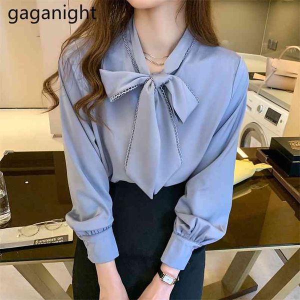 Elegant Women Chiffon OL Shirt Long Sleeve Chic Spring Autumn Office Lady Bow Collar Blouses Lace Up Solid Blusas 210601