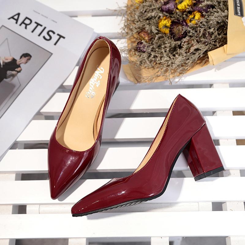 Dress Shoes 2021 Summer Solid Single Woman Glitter Japanned Leather Elegant Pointed Toe Office Lady Work High Heel Plus Size